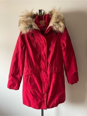 1 Madison Expedition Calgary Series Red Down Fill Parka Coat Faux Fur Hood XS